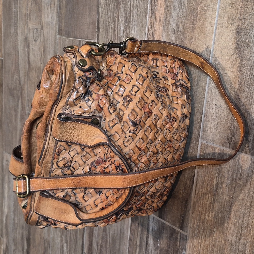 Langellotti Woven Leather Floral Detail Zip Closure Satchel Crossbody Hobo Bag - Picture 2 of 16